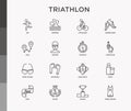 Triathlon thin line icons set: runner, swimmer, cycling race, stopwatch, starting, gun, sport glasses, start, victory, success. Royalty Free Stock Photo