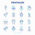 Triathlon thin line icons set: runner, swimmer, cycling race, stopwatch, starting, gun, sport glasses, start, victory, success.