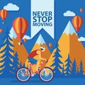 Triathlon track vector illustration. Never stop moving concept banner, poster, brochure, flyer. Cartoon male cyclist