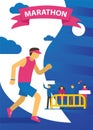 Triathlon track vector illustration. Running marathon, competition. Cartoon running sportsman in sportswear. People