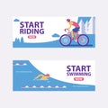 Triathlon track vector illustration. Start swimming, riding banners. Fast sportsman in triathlon game, exercise sport