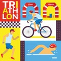 Triathlon track vector illustration. Swimming, riding, running banner. Fast sportsman in triathlon competition, exercise