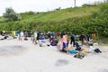 Transit area full of equipment at a triathlon 