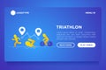 Triathlon web page template with gradient flat icons: runner, swimmer, cyclist and route with pointers. Modern vector illustration