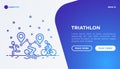 Triathlon web page template with thin line icons: runner, swimmer, cyclist and route with pointers. Modern vector illustration for