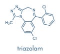 Triazolam insomnia drug sleeping pill, benzodiazepine class molecule. Skeletal formula.