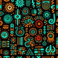 Tribal african ethnic hand drawn doodle symbols and signs seamless pattern. Trendy vector african background with symbols set. Royalty Free Stock Photo