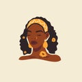 Tribal Afro black woman face summer yellow romantic flower hairstyle beauty logo vector flat illustration Royalty Free Stock Photo