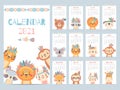 Tribal animal calendar. Monthly 2021 calendar with cute forest animals, savanna characters. Bear, fox and lion, rabbit