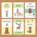 Tribal animals cards. Cute zoo characters squirrel llama hare fox deer lion elephant bear with feather vector poster