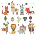 Tribal animals. Cute zoo squirrel llama hare fox deer lion elephant and bear with vintage feathers ethnic patterns