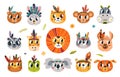 Tribal animals faces, doodle animal avatars boho style. Raccoon, cat and koala, cute panda and dog. Isolated children