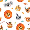 Tribal animals seamless pattern. Animal boho style faces background. Woodland indian characters, child fabric print Royalty Free Stock Photo