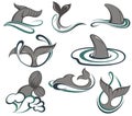 Tribal art tattoo set of cartoon whales and sea waves