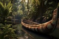 tribal canoe near a jungle riverbank Royalty Free Stock Photo