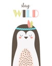 Tribal card with cute penguin, vector illustration