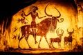 tribal cave painting of prehistoric human and animal