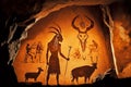 tribal cave painting of prehistoric human and animal