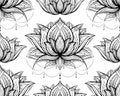 Tribal contour pattern with lotuses with decoration. Monochrome spiritual wallpaper. Water lilies with native pattern