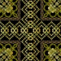 Tribal embroidery green vector seamless pattern. Checkered striped textured background. Tapestry repeat grunge ethnic