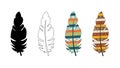 Tribal ethnic bright feathers of Indians. Stylized bird feathers. In color, contour, silhouette. Vector isolated. Indian