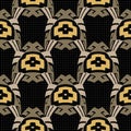 Tribal ethnic seamless pattern. Halftone dotted vector background. Symmetrical ornaments. Greek key, meanders, crosses, shapes.