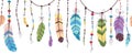 Tribal feather banner. Aztec feathers seamless pattern with beads. Hipster doodle ornament, indian boho style decorative