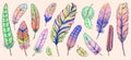 Tribal feather set. Hand drawn colorful bird quill collection. Decorative elements with ethnic ornaments. Rustic Royalty Free Stock Photo