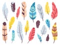 Tribal feathers set. Flat doodle feather, bird plumage collection. Indian boho decorative elements, art vintage design Royalty Free Stock Photo
