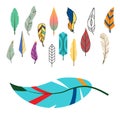 Tribal flat feather different style bird vintage colorful ethnic hand drawn element decorative drawing nature quill