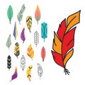 Tribal flat feather different style bird vintage colorful ethnic hand drawn element decorative drawing nature quill