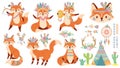 Tribal fox. Cute foxes, indian feather warbonnet and wild animal cartoon vector illustration set