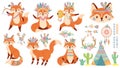 Tribal fox. Cute foxes, indian feather warbonnet and wild animal cartoon vector illustration set Royalty Free Stock Photo