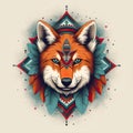 Tribal Fox with red and blue feathers. Ethnic fox illustration. Generative AI Royalty Free Stock Photo