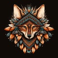 Tribal Fox with red, blue feathers. Ethnic fox illustration. Generative AI Royalty Free Stock Photo