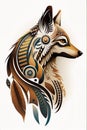 Tribal Fox with red and blue feathers. Ethnic fox illustration. Royalty Free Stock Photo