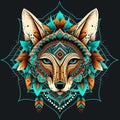 Tribal Fox with red and blue feathers. Ethnic fox illustration. Generative AI Royalty Free Stock Photo