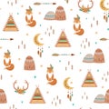 Tribal kids pattern Teepee, Arrow, Feathers, Moon, Fox, aztec mountains, deer horns, flowers. Cute baby boho background.