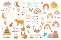 Tribal kids set elements. Boho teepee, rainbow, arrow, moon, sun, boho animals, dream catcher deer horns baby collection