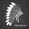 Tribal legend in Indian style, Native american traditional headdress with bird feathers and beads Vector illustration Royalty Free Stock Photo