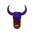 Tribal mask with angry face and purple helmet with horns. Wooden ritual attribute. Flat vector for mobile game or t