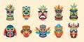 Tribal mask. Ethnic african, aztec and hawaiian ritual aboriginal face masks, traditional indian wooden symbols, ancient