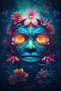 Tribal mask of a South Pacific islander Tiki theme in colorful flowers. Generative Ai Royalty Free Stock Photo