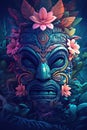 Tribal mask of a South Pacific islander Tiki theme in colorful flowers. Generative Ai Royalty Free Stock Photo