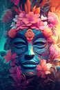 Tribal mask of a South Pacific islander Tiki theme in colorful flowers. Generative Ai Royalty Free Stock Photo