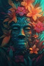 Tribal mask of a South Pacific islander Tiki theme in colorful flowers. Generative Ai Royalty Free Stock Photo