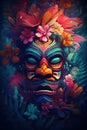 Tribal mask of a South Pacific islander Tiki theme in colorful flowers. Generative Ai Royalty Free Stock Photo