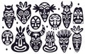 Tribal masks silhouettes. African ancient totem religion face masks, hand drawn hawaii ethnic face masks, ritual masks