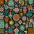 Tribal mexican african ethnic hand drawn doodle symbols and signs seamless pattern. Trendy vector aboriginal background with Royalty Free Stock Photo