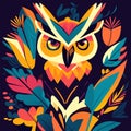 Tribal owl with flowers and leaves on dark background. Vector illustration AI generated Royalty Free Stock Photo